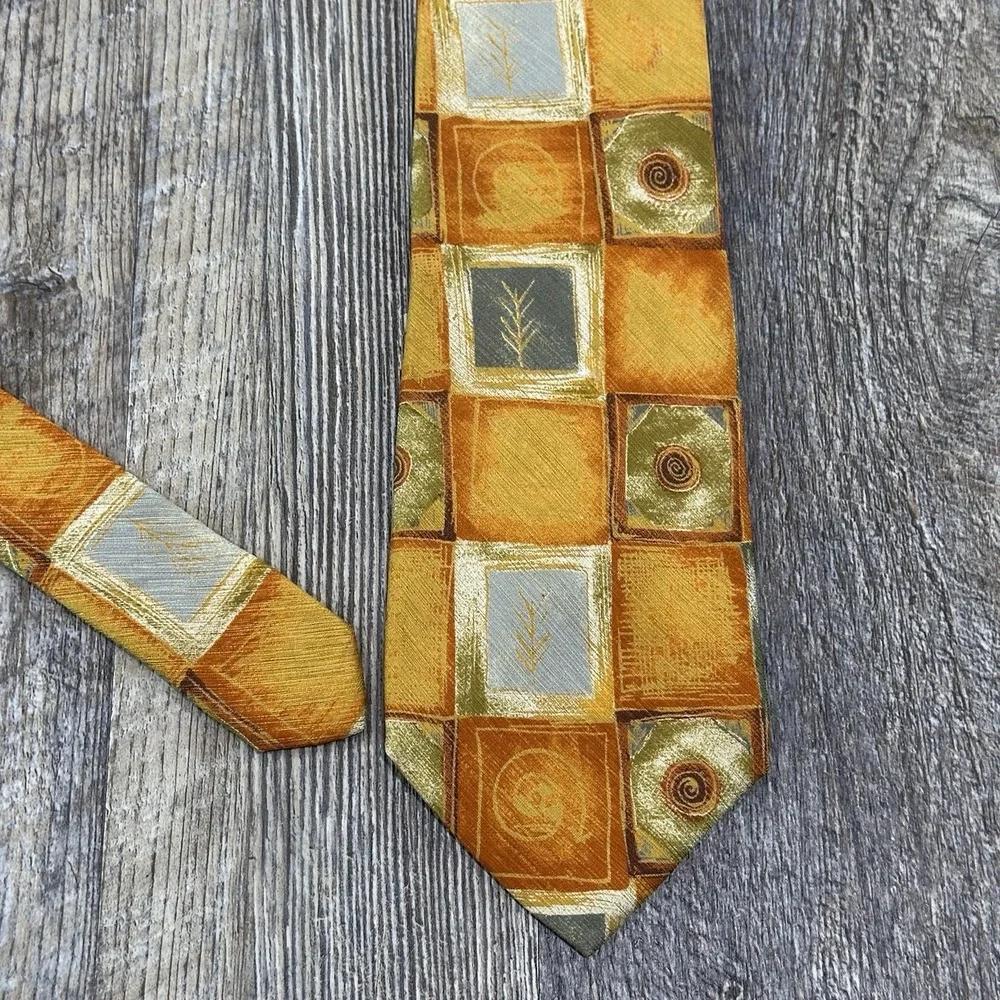 Ermenegildo Zegna 100% Silk‎ Tie Geometric Square Pattern Gold Orange Gray Italy